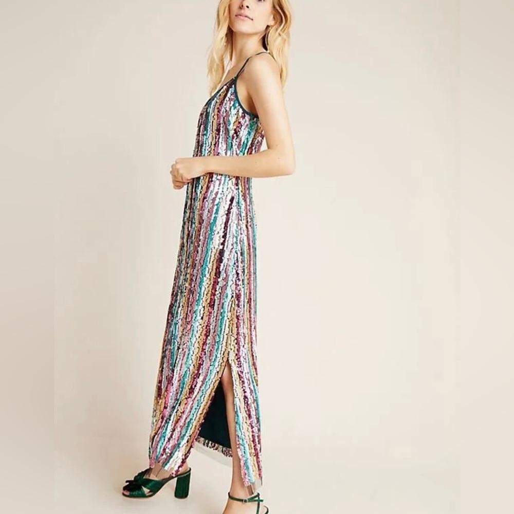 Eva Franco Anthropologie Marguerite Sequined Maxi Slip Dress Rainbow Sz 10 - Picture 7 of 8